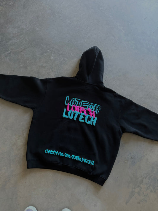 LO-TECH "CHECK IN ON YOUR MATES" HOODY (NEON BLUE/PINK) PRE ORDER
